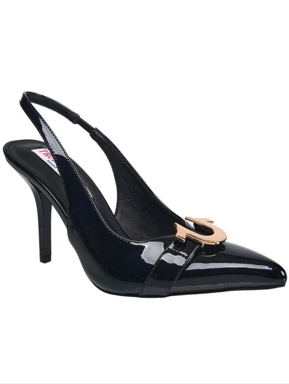 TRUE RELIGION Patent Leather Black Slingback Pump with Gold Accent - Size 10